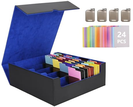 Venssu Sammelkarten-Aufbewahrungsbox mit speziellem Kartenunterstützer, 3000+ Kartenaufbewahrung mit 24 bunten Trennblättern für TCG/Magic/MTG Aufbewahrung und Sammlung (Schwarz und Blau)