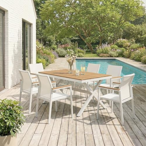 IDIMEX Gartenmöbel Set Windy mit 1 Tisch und 6 Stühlen aus Alu und WPC in weiß/Natur, Esstisch Set in Holzoptik, Stühle mit Netz witterungsbeständig bespannt, Gartensitzgruppe.