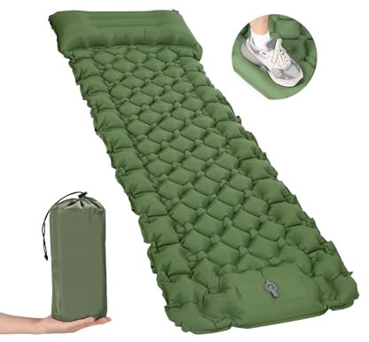 PERMUST Matelas Gonflable Camping,Ultraléger avec Oreiller Pompe à Pied Intégré Tapis de Camping Gonflable Coussin d'air Portable Tapis de Couchage Matelas Gonflable pour Tente Voyage Randonnée,Vert