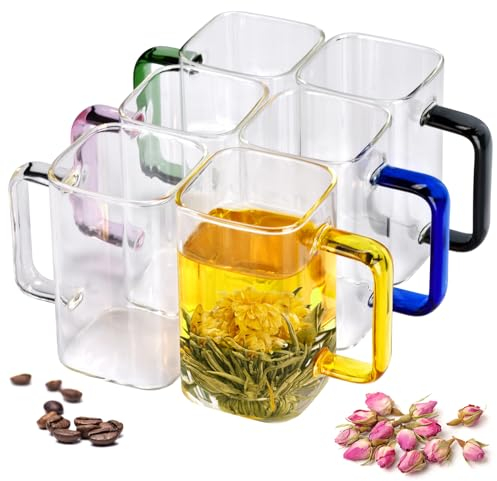 QHYK Vasos Café, Juego de 6 vasos 300ml, Transparentes tazas de cuadrada con asas de colores, para té, café, jugo, Capuchino, uso fiesta, Apto para lavavajillas