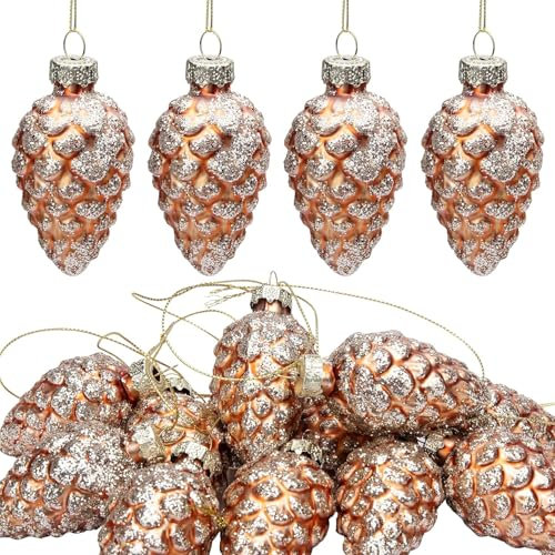 12 PCS Christmas Pinecone Glass Ornaments - Hanging Pine Cone Glass Painted Pinecone Bauble - Glitter Christmas Pinecone Pendants for Xmas Tree DIY Crafts Fall Thanksgiving Day Decoration