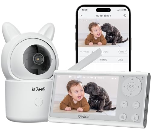 ieGeek Babyphone mit Kamera und App, Intelligente Nachtsicht,1080P/4,3 Zoll WLAN Video Babyfon PTZ 355°, Automatische Verfolgung, Bewegungs/Geräuscherkennung, Temperaturanzeige,Mobile App Steuerung