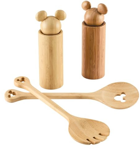 Disney Monochrome Juego de Utensilios de Madera para Servir Ensalada de bambú con Molinillo de Sal y Pimienta