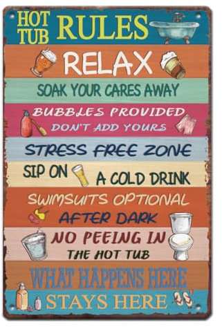 SUPERDANT Hot Tub Rules Metal Signs Relax Soak Tin Sign Funny Bathroom Wall Plaques Iron Poster Art for Bathroom Toilet Roll Tips Vintage Decor Man Cave Gift
