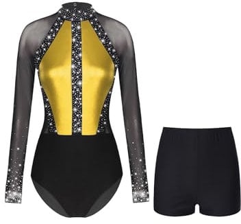 Nyeemya Damen Turnanzug Langarm Gymnastikanzug Strass Glitzer Ballettanzug Stehkragen Ballett Trikot Tanzbody + Tanz Shorts Turn Outfit Gold S