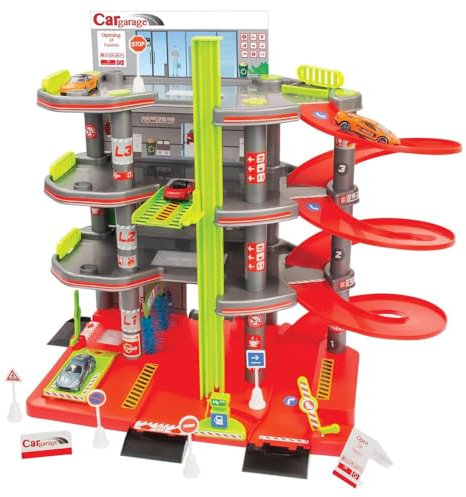 Mochtoys Parcheggio per bambini – Set di 4 piani con ascensore, segnaletica stradale e auto, sviluppa abilità manuali, per bambini dai 3 anni in su, dimensioni: 55 x 35 x 44 cm