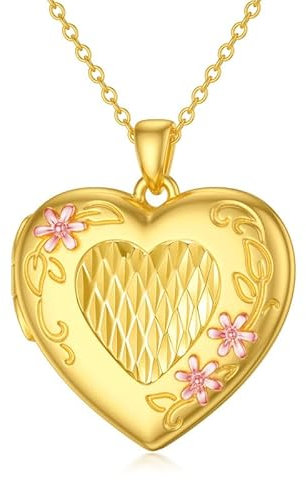 SOULMEET Personalisierte 9k 14k 18k Massivgold Herz Gänseblümchen Medaillon Halskette für 2 Bilder Buchstaben eingraviert Medaillons mit echter Goldkette (Benutzerdefiniertes Foto & Text)