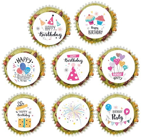 32Pcs Edible Happy Birthday Cupcake Toppers Wafer Paper Birthday Cupcake Picks Baby Shower Kids Birthday Party Cake Decorations Supplies