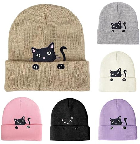 EWFAS Niedliche Lustige Katzen-Strickmütze, Modische Gemütliche Mütze, Wintermütze für Damen und Herren, Mehrfarbige, Niedliche Katzen-Strickmütze, Tier-Strickmütze, Perfekte Wintermütze
