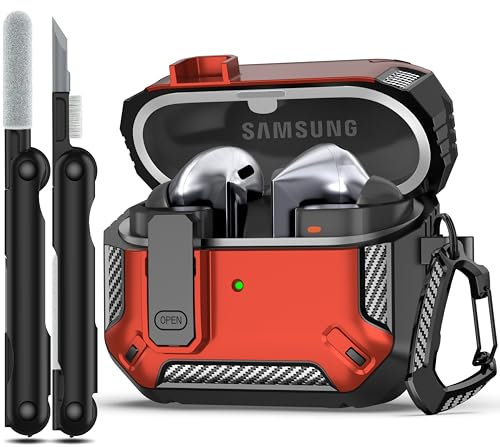 MHYALUDO Compatible with Samsung Galaxy Buds3/Galaxy Buds3 Pro (2024) with Locking Closure, Military Grade Drop Proof Headphone Case with Hiking Buckle and Cleaning Kit-Red