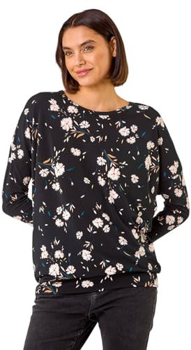 Roman Originals Blouson Top for Women UK Ladies Drop Shoulder Long Sleeve Jersey Stretchy Oversized Casual Office Jumper Soft Everyday Sweater Lounge Sweatshirt Blouses - Noir - Size 14