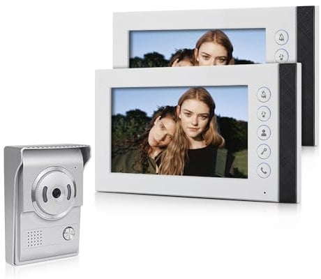 QttyElok Système Interphone de Sonnette Vidéo Filaire de Couleur de 7 Pouces avec 2 Moniteurs, 90° 700TVL Caméra Sonnette IR Vision Nocturne, Audio Bidirectionnel, Surveillance, Déverrouillage
