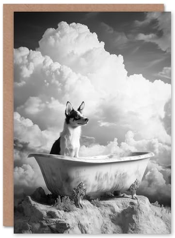 Artery8 Greeting Card Puppy Bathtub on Mountain Peak Surreal Dog Lover Blank For Him Or Her Art Birthday Card