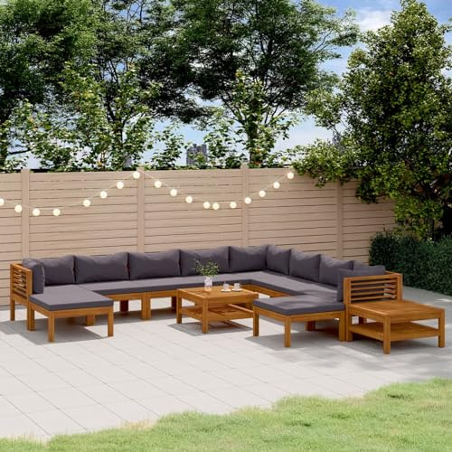 IKAYAA Gartenmöbel Set Holz Gartenlounge Holz Gartenlounge Outdoor Balkon Lounge Sitzgruppe Lounge Sofa Gartenset Sitzgarnitur-Dunkelgrau-12-tlg