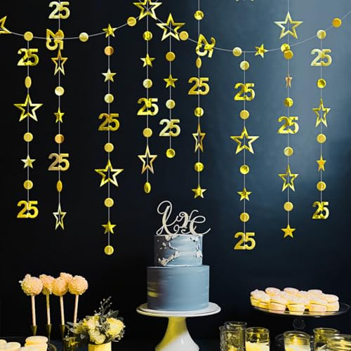 3 m lange Dekoration zum 25. Geburtstag, Banner zum 25. Geburtstag, goldfarbene Partydekorationen, 25. goldene Kreise, Punkte, Sterngirlande, Geburtstagsparty-Dekorationen, Happy 25. Geburtstag Banner