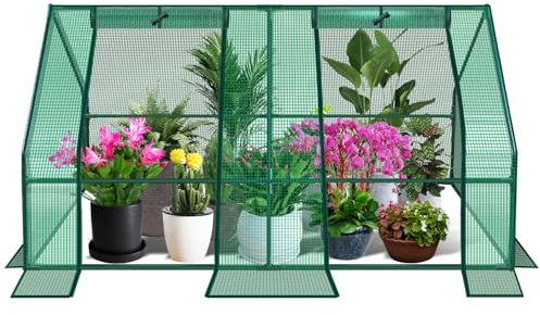 Fiqops Mini Foliengewächshaus Gewächshaus Tomatenzelt 130g/m² PE-Folie, robuste Stahlrohrkonstruktion stabil langlebig mit 2 Fenster, für Tomaten Gewächshaus, Grün