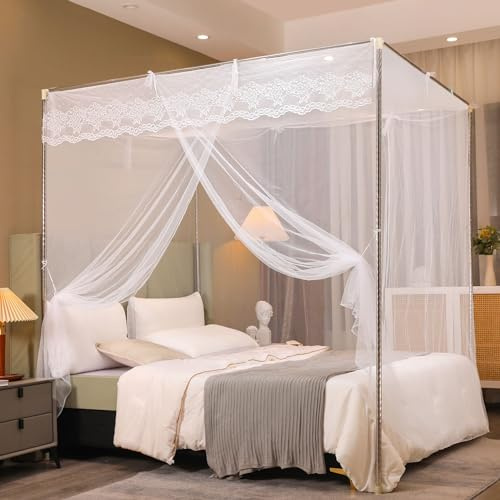 Niemro Weißes Moskitonetz-Zelt für Bett, einseitig öffnend, Baldachin-Netz, Vorhangnetz für Schlafzimmer, Dekoration für volle Größe (ohne Bettgestell)