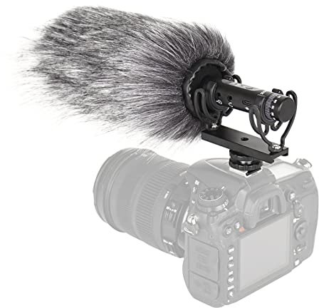 Qukaim Microfono G20 per fotocamera, microfono video direzionale cardioide con batteria integrata, taglio basso, monitoraggio in tempo reale, volume regolabile, Shockmount, parabrezza, cavi TRS e TRRS