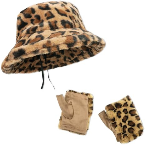 KRUIHAN Leopardenmuster Fischerhut Damen Winter & Handschuh-Sets,Warme Mütze und Fingerlose Handschuhe Damen Winter,Leo Print Bucket Hat Fell,Geschenkset Frauen für Weihnachten Geburtstag Jubiläum