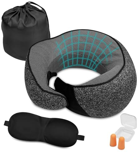 Ravytha Nackenkissen Flugzeug Memory Foam, Reisekissen Ergonomisches, Nackenhörnchen mit Ohrstöpseln, Augenmaske und Tragetasche, Flugzeug Kissen Einstellbares, Schlafkissen Auto für Camping, Reise