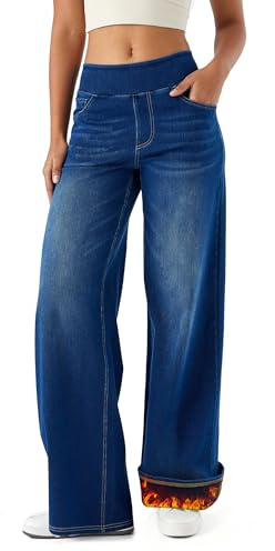 LaiEr Jeans à Jambes Larges pour Femmes avec Doublure Polaire, Taille Haute,Thermiques,épais - Pantalons en Jean à élasticité élevée pour Sports et Yoga,avec Poches,Chauds pour l'hiver(Bleu Foncé,XL)