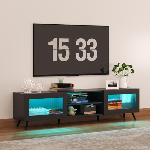 KEEPREAPER TV-Schrank 160cm Lowboard mit LED und 2 Acryltüren Schwarz | stehend Fernsehtisch für Fernseher bis zu 70 Zoll, für Wohnzimmer