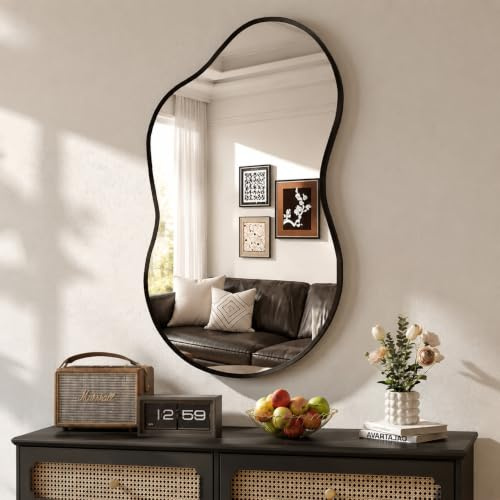 MAMIZO Specchio asimmetrico, 50 x91 cm, Specchio da parete irregolare, nero | Vetro temperato, cornice in alluminio, Specchio decorativo, specchio da trucco unico, per Bagno, Soggiorno, Ingresso