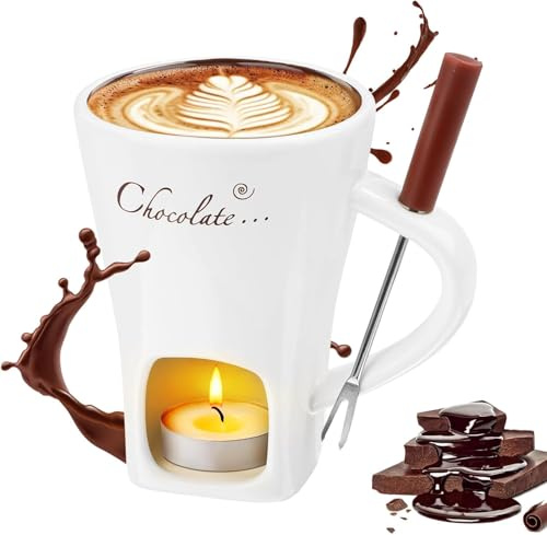 Byffoer 200ml Keramik Schokoladenfondue Set,Schokofondue Tasse,Becher zum Schmelzen von Schokolade,Fondue Set Mit Gabel Und Teelicht für Käse Schokolade Butter Karamell(Weiß)