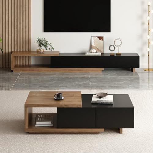 Homary Extendable TV Unit, Modern TV Stand with 3 Drawers for TVs up to 80 Inch, Adjustable Entertainment Unit in Premium MDF for Living Room Storage (Black & Walnut - Set, 1790mmW × 375mmD ×400mmH)