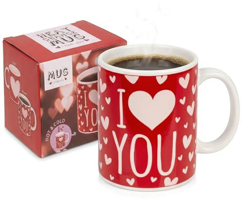 MIJOMA Mug isotherme « I Love You » - Tasse à changement de couleur avec motif cœur - Tasse à café magique en grès - Idée cadeau pour amoureux, Saint-Valentin, anniversaire de mariage - Couple