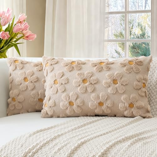 Artscope 2er Set Wolle Blumen Kissenbezüge Weicher Plüsch Kurzer Wollsamt Dekokissenbezüge Frühjahr Sommer Kissenhülle Saisonale Sofakissen für Sofa Schlafzimmer Beige Braun, 30x50cm
