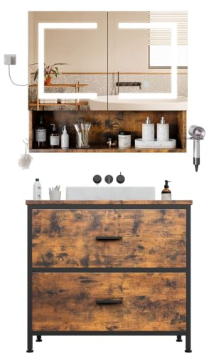 ELUCHANG Badmöbel Set 2,Waschbeckenunterschrank und Spiegelschrank Bad mit Beleuchtung,Badezimmer Set 60cm,Badezimmermöbel Komplett,Unterschrank Waschbecken mit 2 Schubladen,MDF+Metall,Vintage