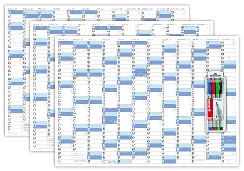 3 Stück XL Wandkalender DIN A1 2025 blau, nass abwischbar inkl. Stifteset Format 84 x 59cm Jahresplaner Wandplaner gerollt