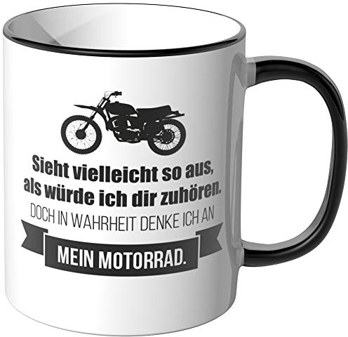 JUNIWORDS Tasse - Ich denke an Motorrad - Wähle Motiv & Farbe - Schwarz