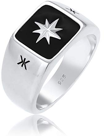 Kuzzoi Siegelring Herrenring, massiv 11 mm breit in 925 Sterling Silber, Oberfläche Emaille schwarz mit Stern Design, Ring für Männer in der Ringgröße 54, 0601112320_54