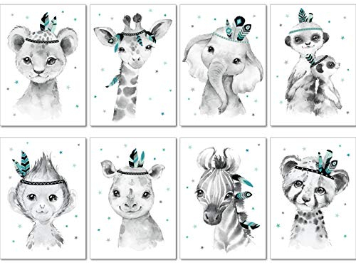 LALELU-Prints Bilder Kinderzimmer Poster Babyzimmer Deko Mädchen Jungen Kinderbilder Set Kinderzimmerbilder (Indianer mint 8er Set)