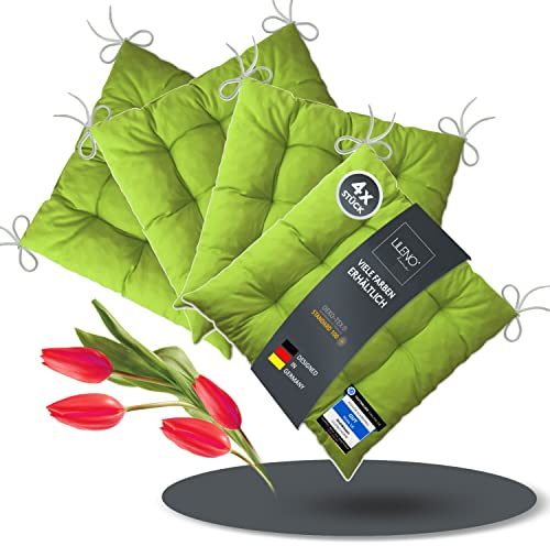 LILENO HOME 4er Set Stuhlkissen Apfelgrün (40x40x6 cm) - Sitzkissen für Gartenstuhl, Küche oder Esszimmerstuhl - Bequeme UV-beständige Indoor u. Outdoor Stuhlauflage als Stuhl Kissen