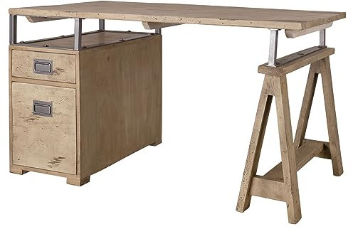 Massivmoebel24.de | Railway Schreibtisch aus Massivholz #329 | aus Mangoholz - Whitewash, lackiert | 2 Schubladen + Ablagefach | 140x78x80 cm | Arbeitstisch Bürotisch PC-Tisch