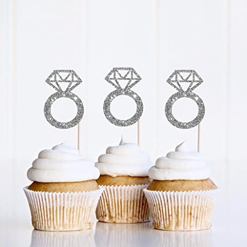 CloverCrafts 12 x Silver Glitter Diamond Ring Cupcake Toppers – Engagement, Hen Do & Engagement Party Decor