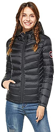 Extreme Pop Donna Giacca con Cappuccio in Pura Piuma D'Oca per l'inverno in Nero e Rosa (XL, Nera)