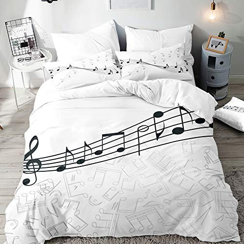 Morbuy Musiknotation Bettbezug Bettwäsche Set - 3D Erwachsene Kinder Bettwäsche-Set, Mikrofaser Weiche Bettbezug mit Reißverschluss und Kissenbezüge (135x200cm,Weiß)