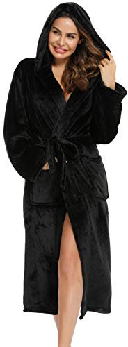 Vlazom Accappatoio Donna Pile Vestaglia Invernale Morbido Vestaglia Accappatoio Microfibra Cappuccio Tasche Cintura per Casa Regalo Natale，Nero，L