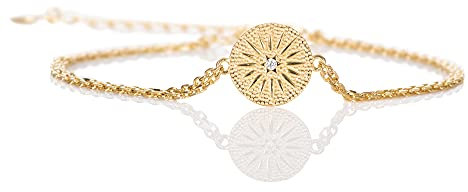 namana Bracelets Or en Disque pour Femme et Jeune Fille, Bracelet Fins avec Breloque en Disque avec une Finition Brossée en Design de Soleil