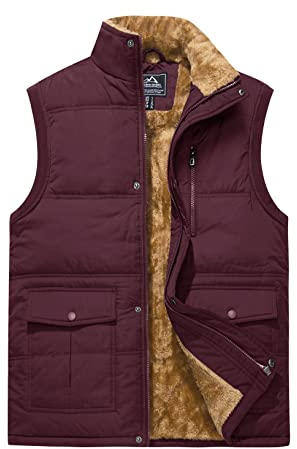 MAGCOMSEN Men's Outerwear Vests Work Gilet for Mens Body Warmers Fleece Lined Thermal Gilets Winter Sleeveless Jackets Outdoor Hiking Working Outerwear Gilets, Wine Red