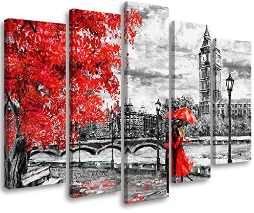 Feeby Leinwandbild 5-teilig 200x100 cm Big Ben England London Vereinigtes Königreich Bild Wanddeko Wand Bild Kunstdruck Deko Wohnzimmer Roter Regenschirm Gehendes Paar Gemälde Rot