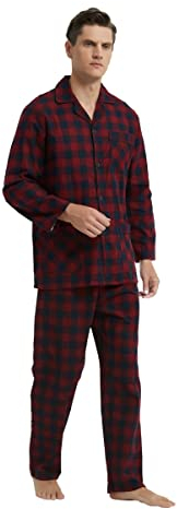 GLOBAL Pijamas para Hombre Franela | Cómodo Ropa de Dormir Largo | Suave Conjunto de Algodón Hombre | Pijamas Manga Larga Botones y Pantalones Cintura Elástica Cordón|Cuadros Rojos Negros L