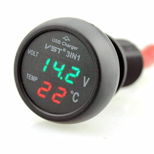Car Voltmeter, 3 in 1 12V/24V Car USB Charger Thermometer Display, Voltage Temperature Meter with LCD Digital Display Panel, Voltage Tester Gauge for Cars and Trucks