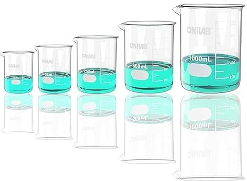 ONiLAB Glass Measuring Beaker Set 50ml 100ml 250ml 500ml 1000ml(Pack of 5) 3.3 Boro Griffin Low Form with Printed Graduation Scientific Glassware for Laboratories, Classrooms or Home Use