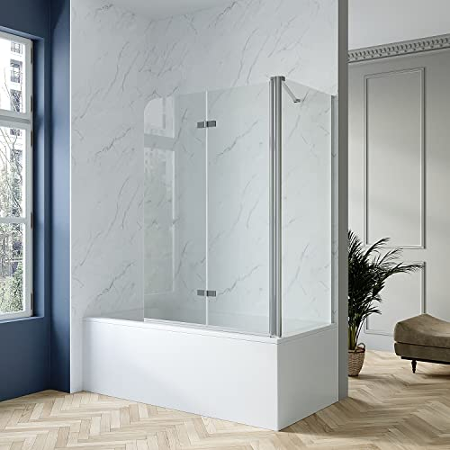 Badewannenaufsatz mit Seitenwand Glas 120 x 75 x 140 cm Eck Duschtrennwand Badewanne Duschkabine Doppel Faltbar Duschabtrennung Duschwand Dusche Badewannenfaltwand 5 mm Echtglas klar NANO-Beschichtung