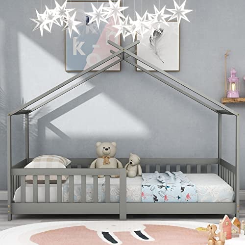 SchöNes Hausbett Kinderbett,Vollholz Mit Zaun Und Lattenrost, Mit Rausfallschutz FüR Kinder- Und Jugendzimmer 200X90Cm,Grey